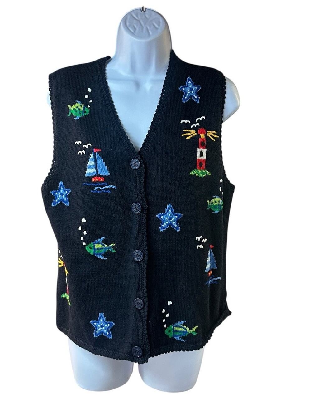 Vintage Marisa Christina Coastal Nautical Sweater Vest M Lighthouse Fish Sz M